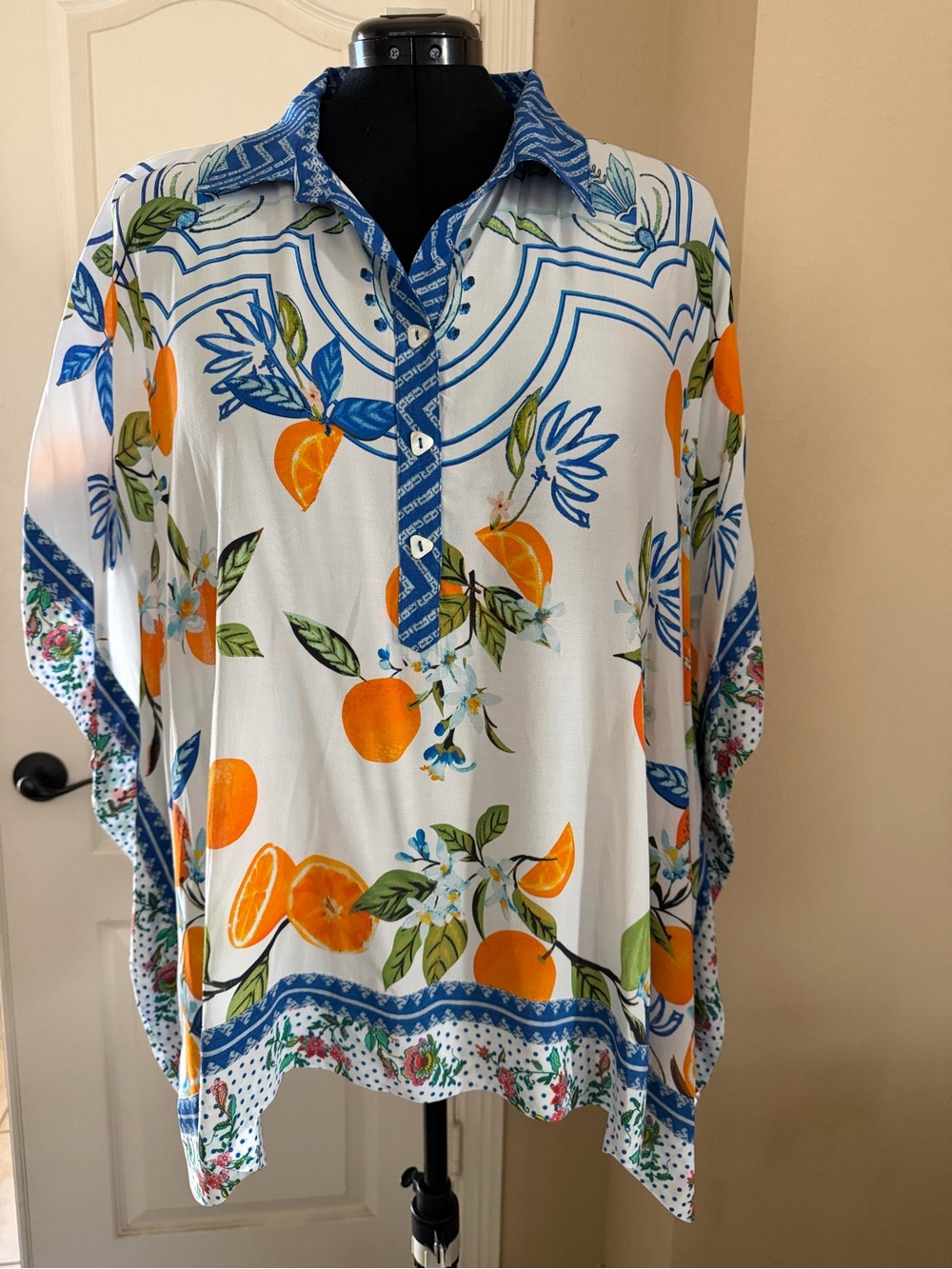 Women's  John Mark Orange & Blue Floral Citrus Button-Front Top size 2X/3X